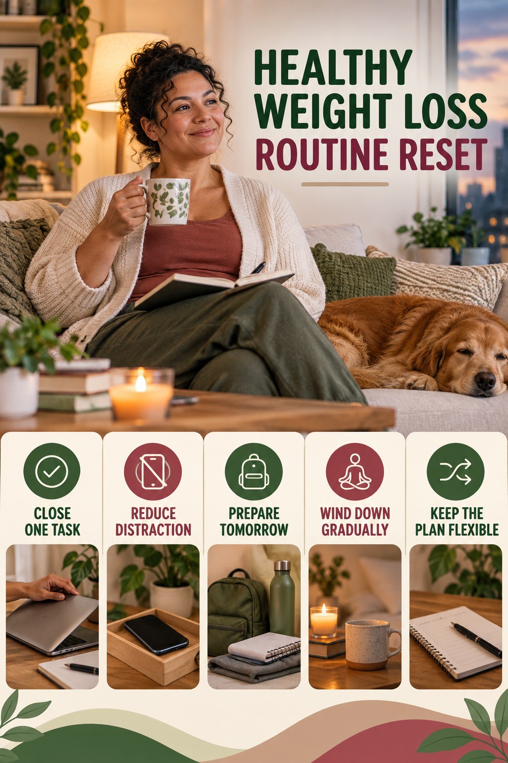 Evening Routine Refresh for Healthy Weight Loss with five readable routine-reset cues and a realistic board-relevant wellness scene.