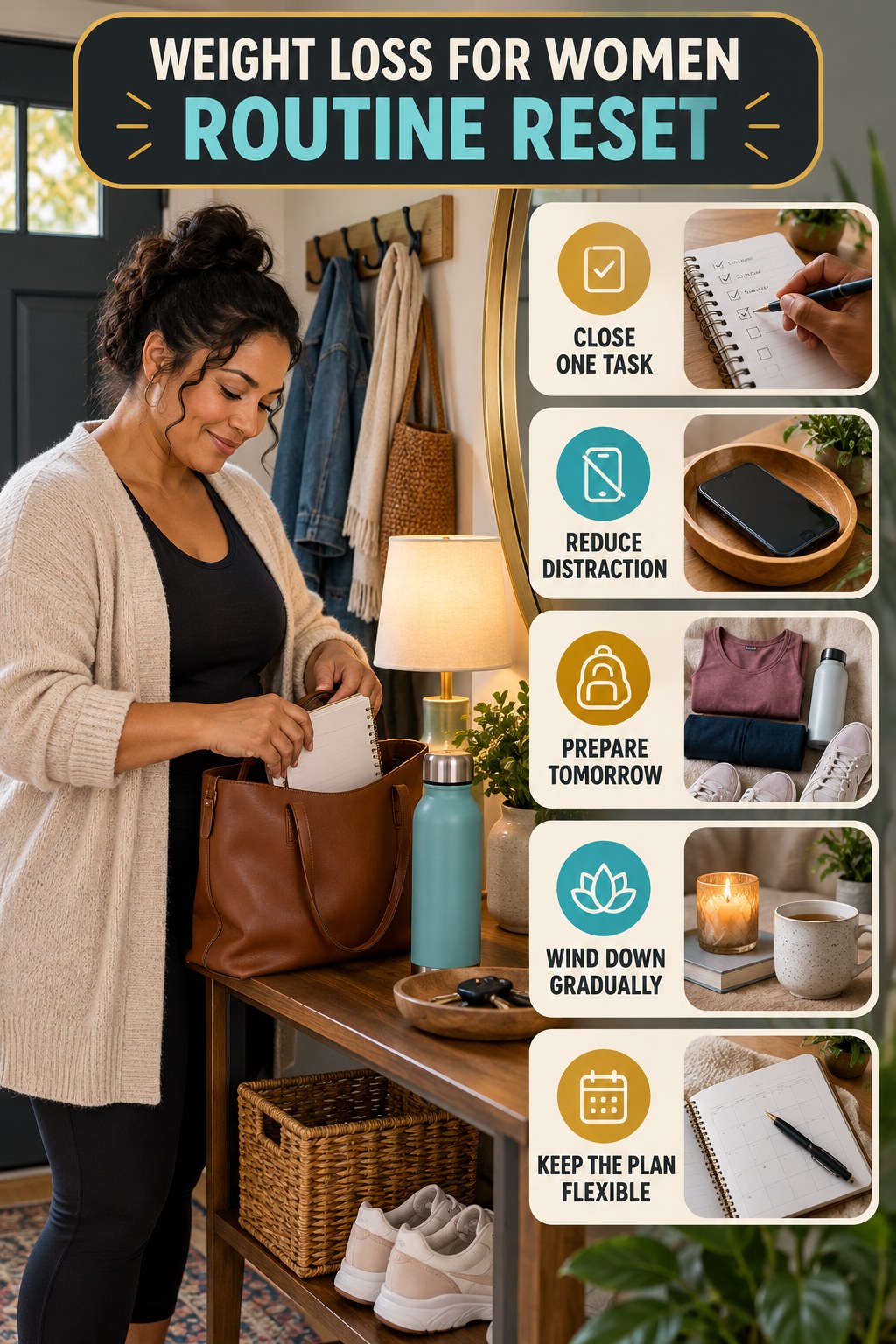 Evening Routine Refresh for Weight Loss for Women with five readable routine-reset cues and a realistic board-relevant wellness scene.