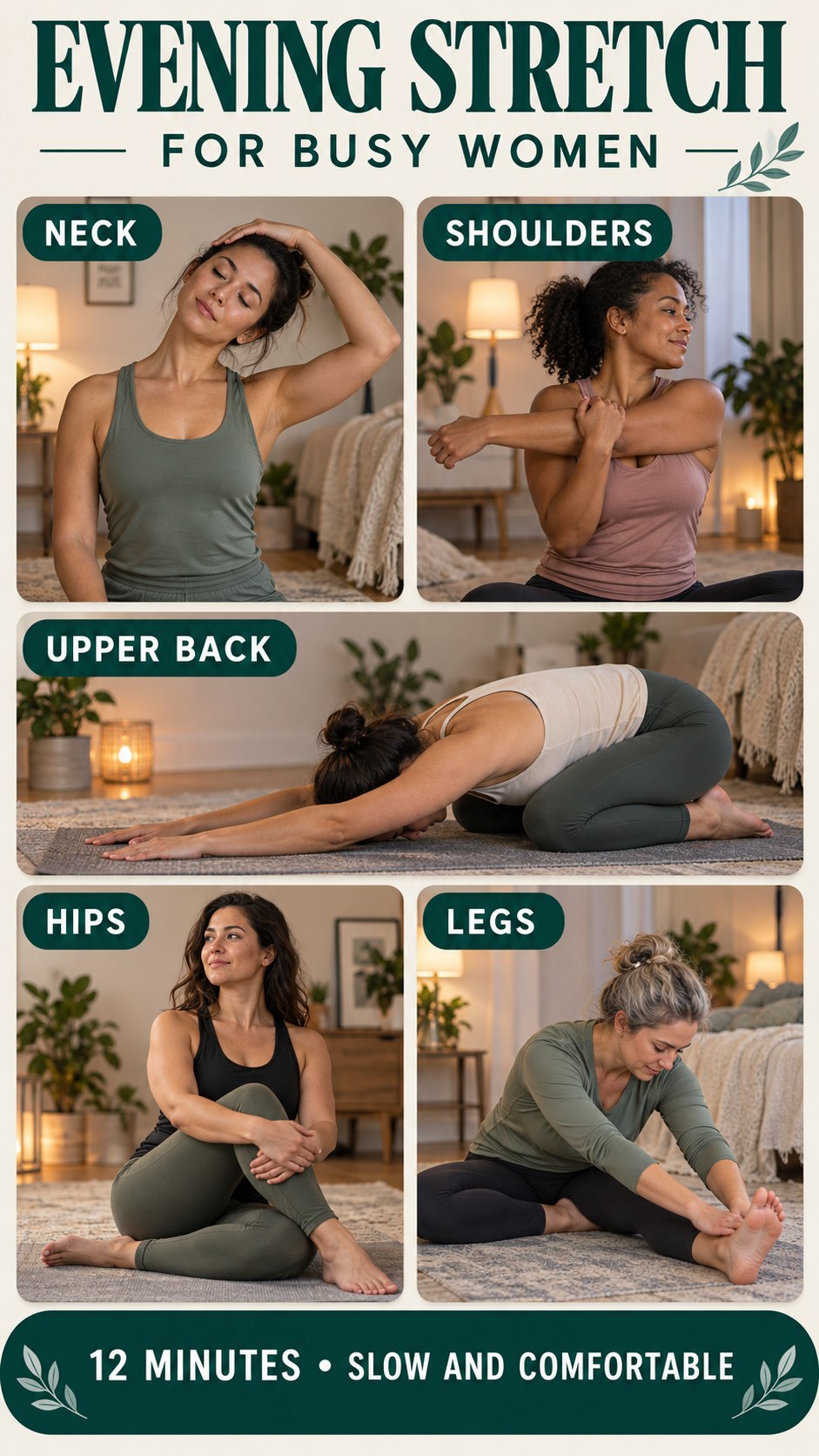 Vertical infographic showing a low-impact evening stretch routine for busy women