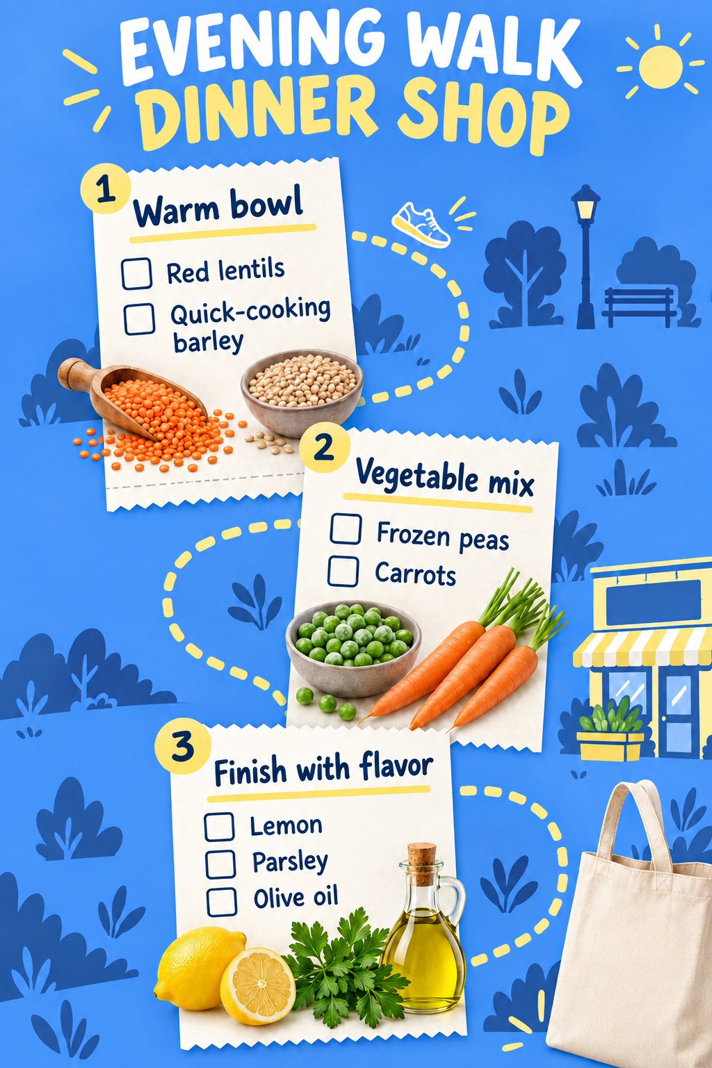 Blue and yellow walking-path grocery cards listing red lentils, quick-cooking barley, peas, carrots, lemon, parsley and olive oil.