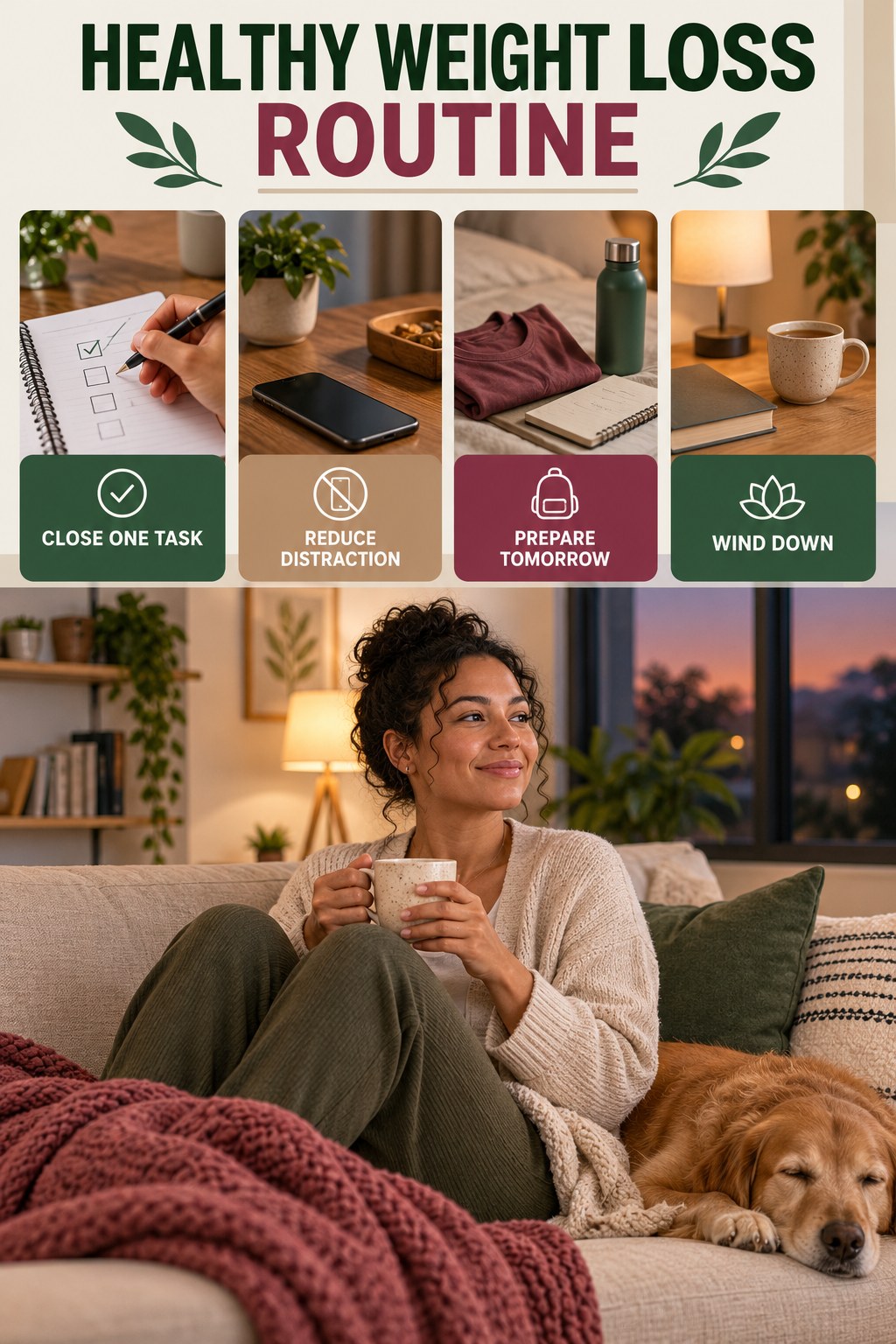 Evening Wind-Down Routine for Healthy Weight Loss with four readable routine cues and a realistic board-relevant wellness scene.