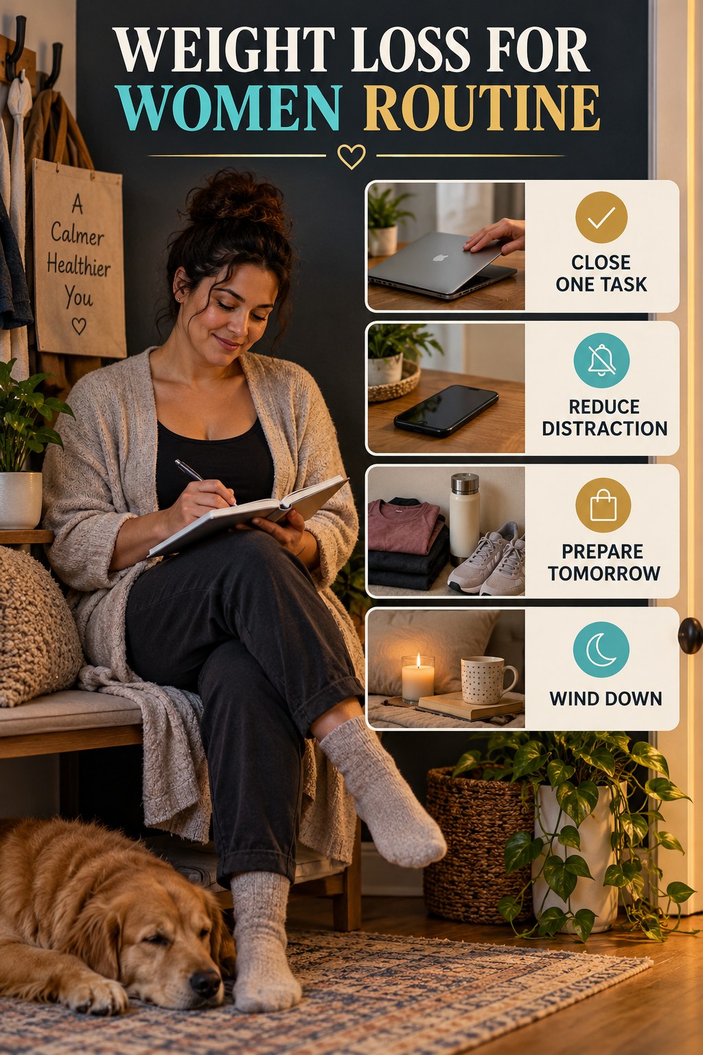 Evening Wind-Down Routine for Weight Loss for Women with four readable routine cues and a realistic board-relevant wellness scene.