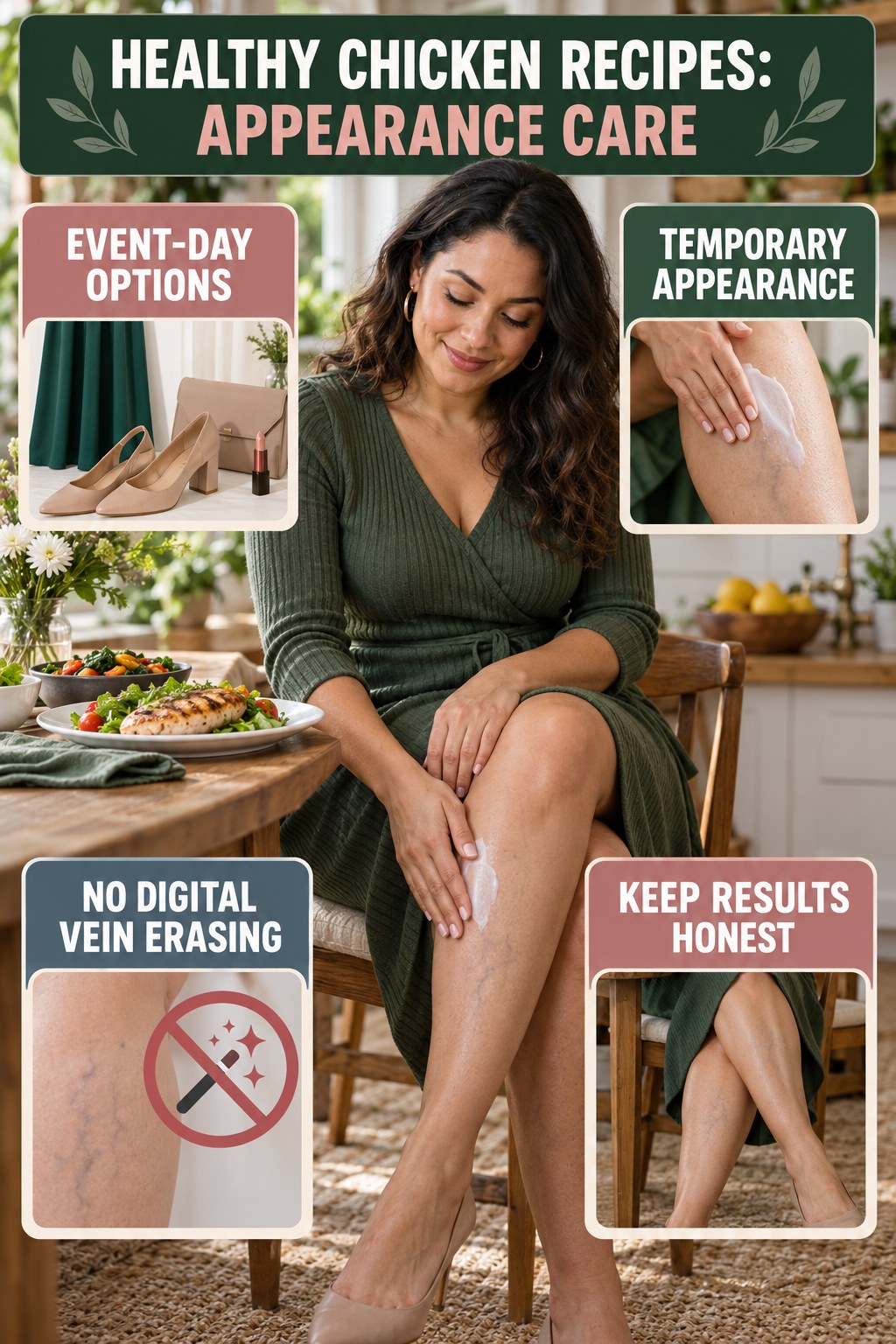 Event-Day Appearance infographic for Healthy Chicken Recipes, showing body-neutral visible-leg-vein appearance care and the boundary between temporary cosmetic support and treatment.