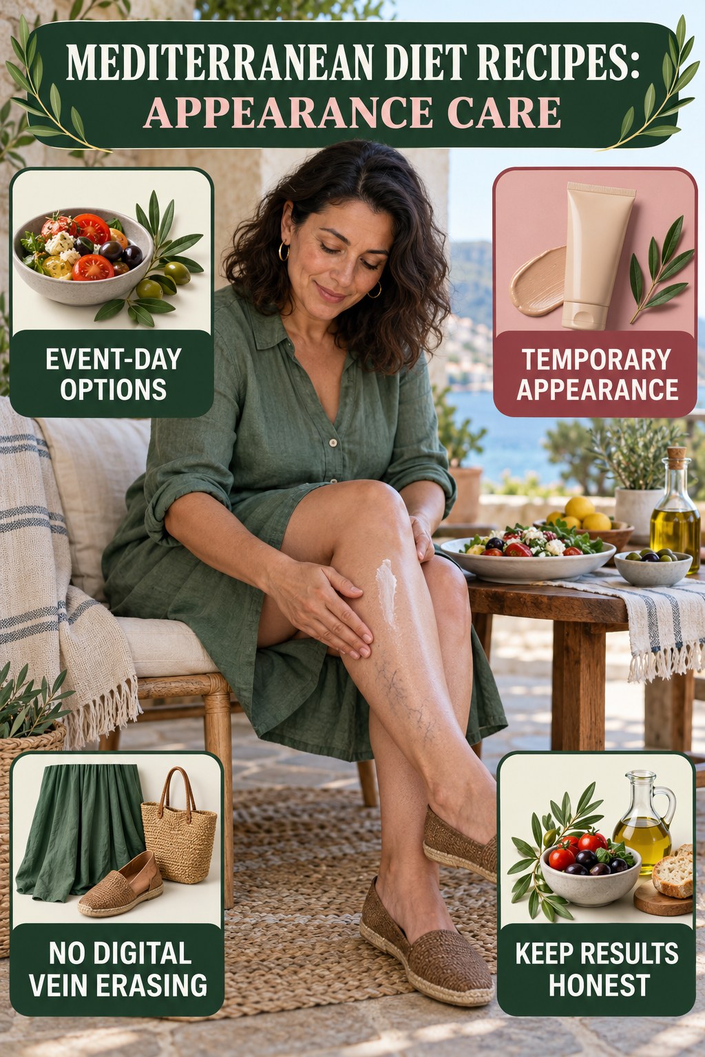 Event-Day Appearance infographic for Mediterranean Diet Recipes, showing body-neutral visible-leg-vein appearance care and the boundary between temporary cosmetic support and treatment.