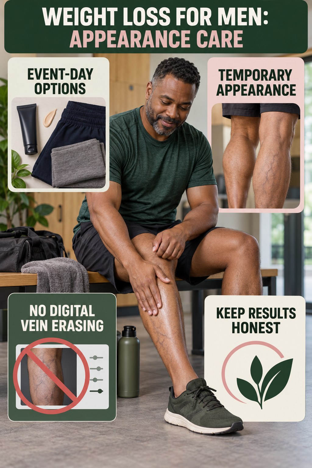 Event-Day Appearance infographic for Weight Loss for Men, showing body-neutral visible-leg-vein appearance care and the boundary between temporary cosmetic support and treatment.