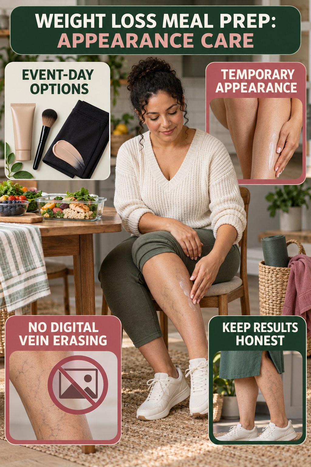 Event-Day Appearance infographic for Weight Loss Meal Prep, showing body-neutral visible-leg-vein appearance care and the boundary between temporary cosmetic support and treatment.