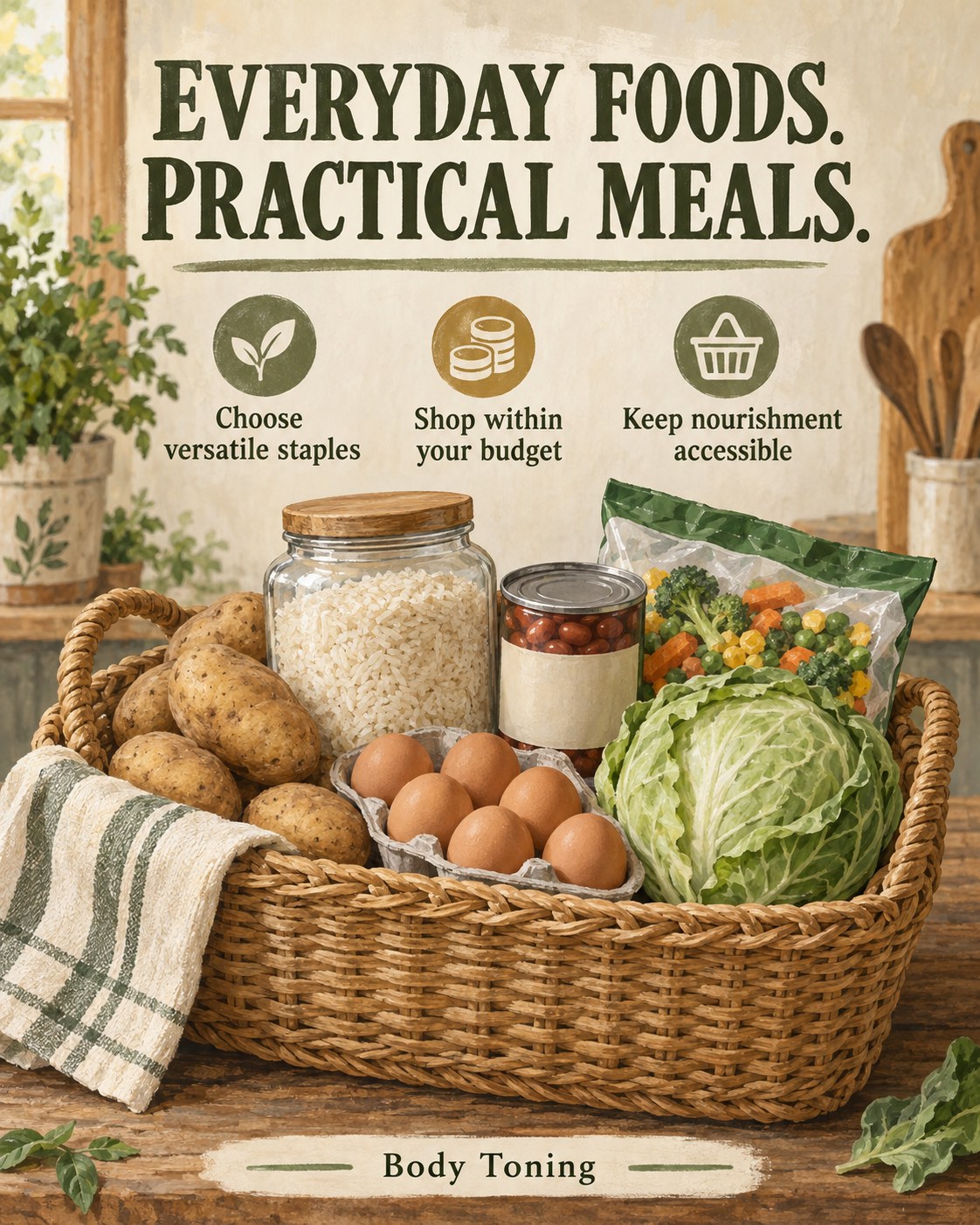 Potatoes, canned beans, frozen vegetables, eggs and rice arranged in an everyday grocery basket.