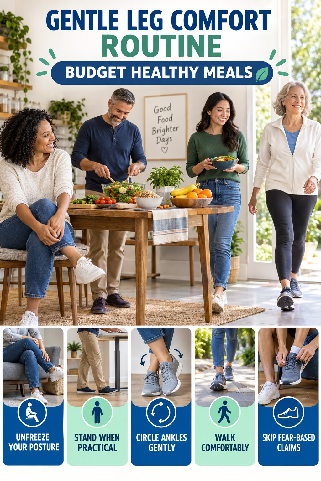 Desk-Day Leg Comfort infographic for Budget Healthy Meals with five gentle movement, position, footwear, recovery, or safety actions.