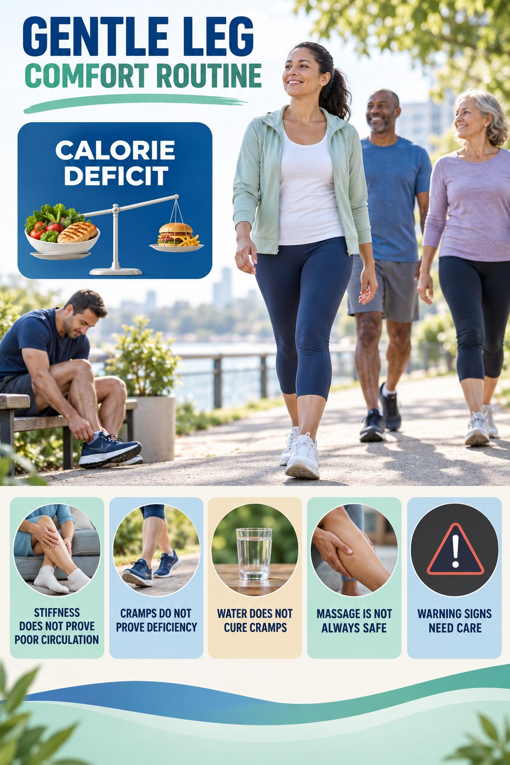 Leg Comfort Myths and Facts infographic for Calorie Deficit with five gentle movement, position, footwear, recovery, or safety actions.