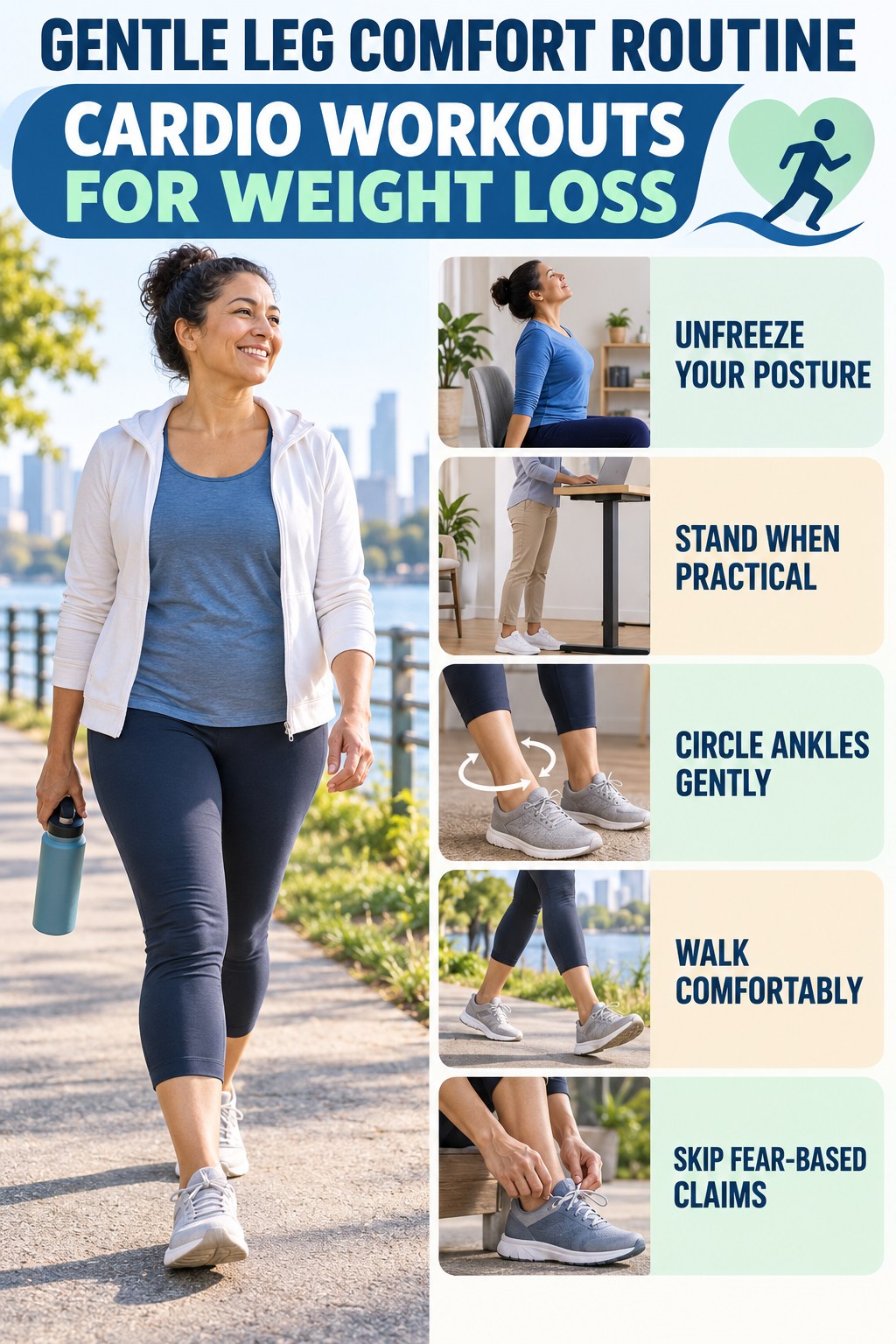 Desk-Day Leg Comfort infographic for Cardio Workouts for Weight Loss with five gentle movement, position, footwear, recovery, or safety actions.