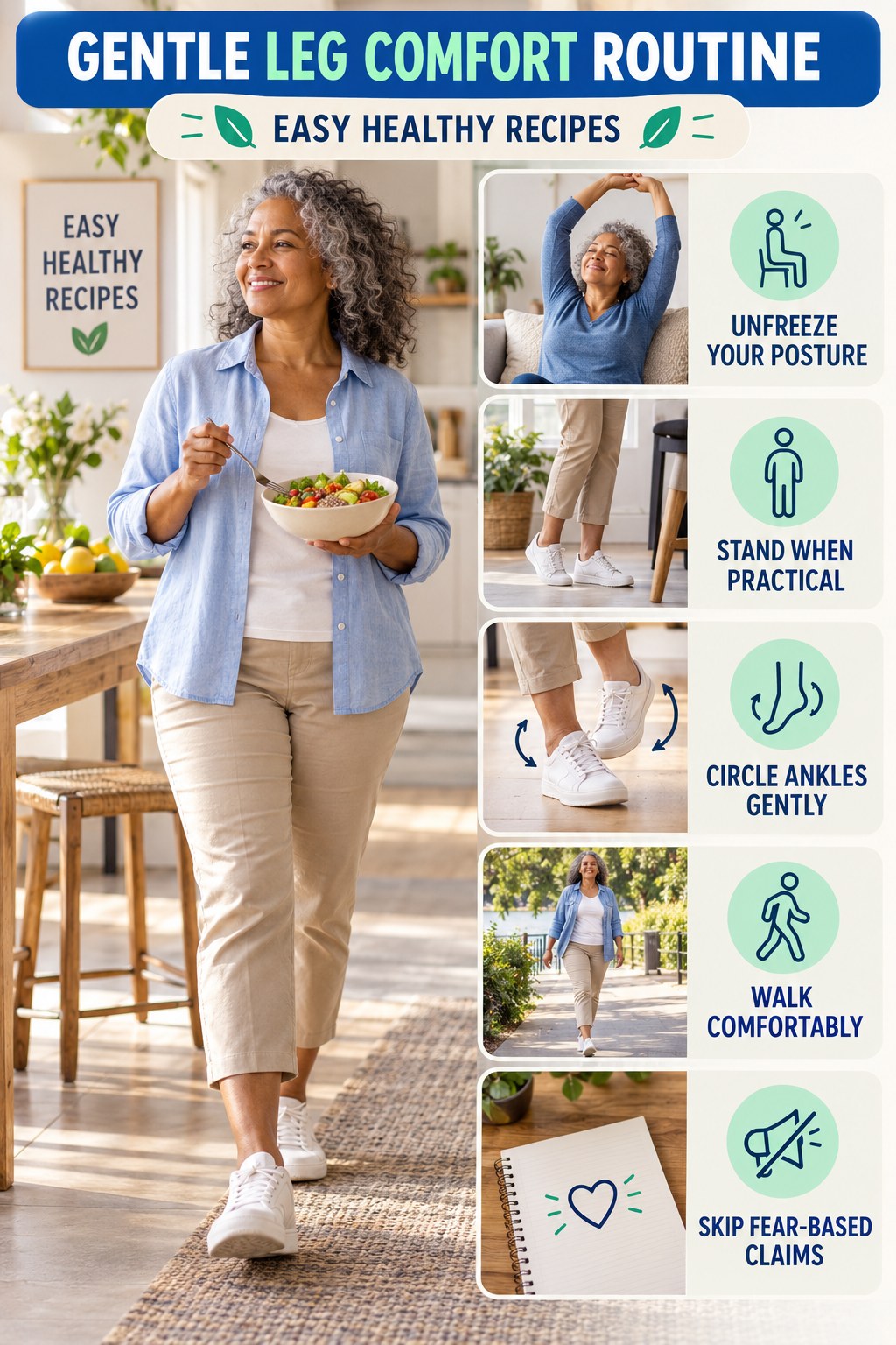 Desk-Day Leg Comfort infographic for Easy Healthy Recipes with five gentle movement, position, footwear, recovery, or safety actions.
