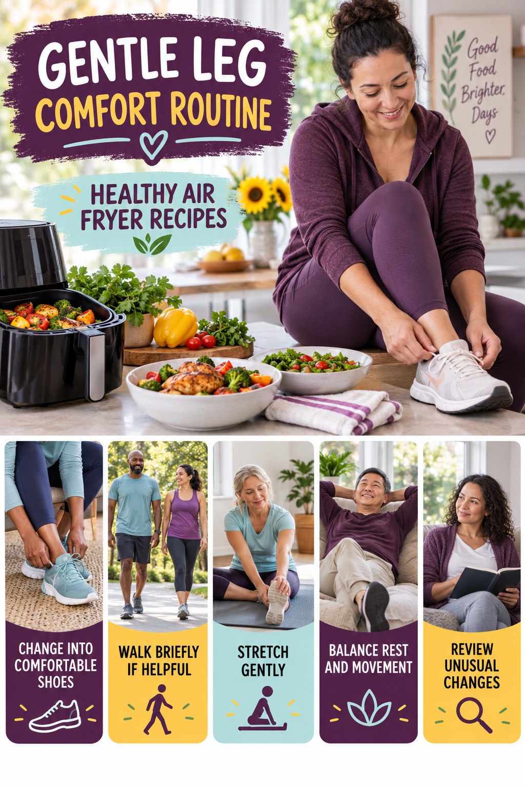 Evening Tired-Leg Routine infographic for Healthy Air Fryer Recipes with five gentle movement, position, footwear, recovery, or safety actions.