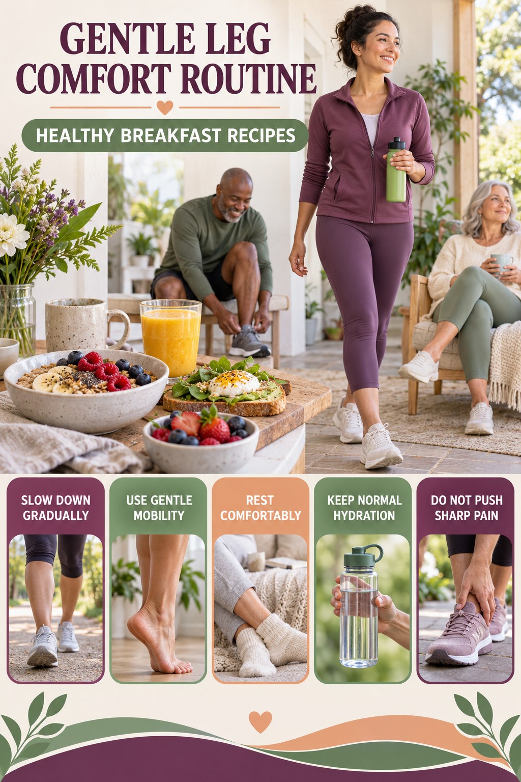 Post-Walk Recovery infographic for Healthy Breakfast Recipes with five gentle movement, position, footwear, recovery, or safety actions.