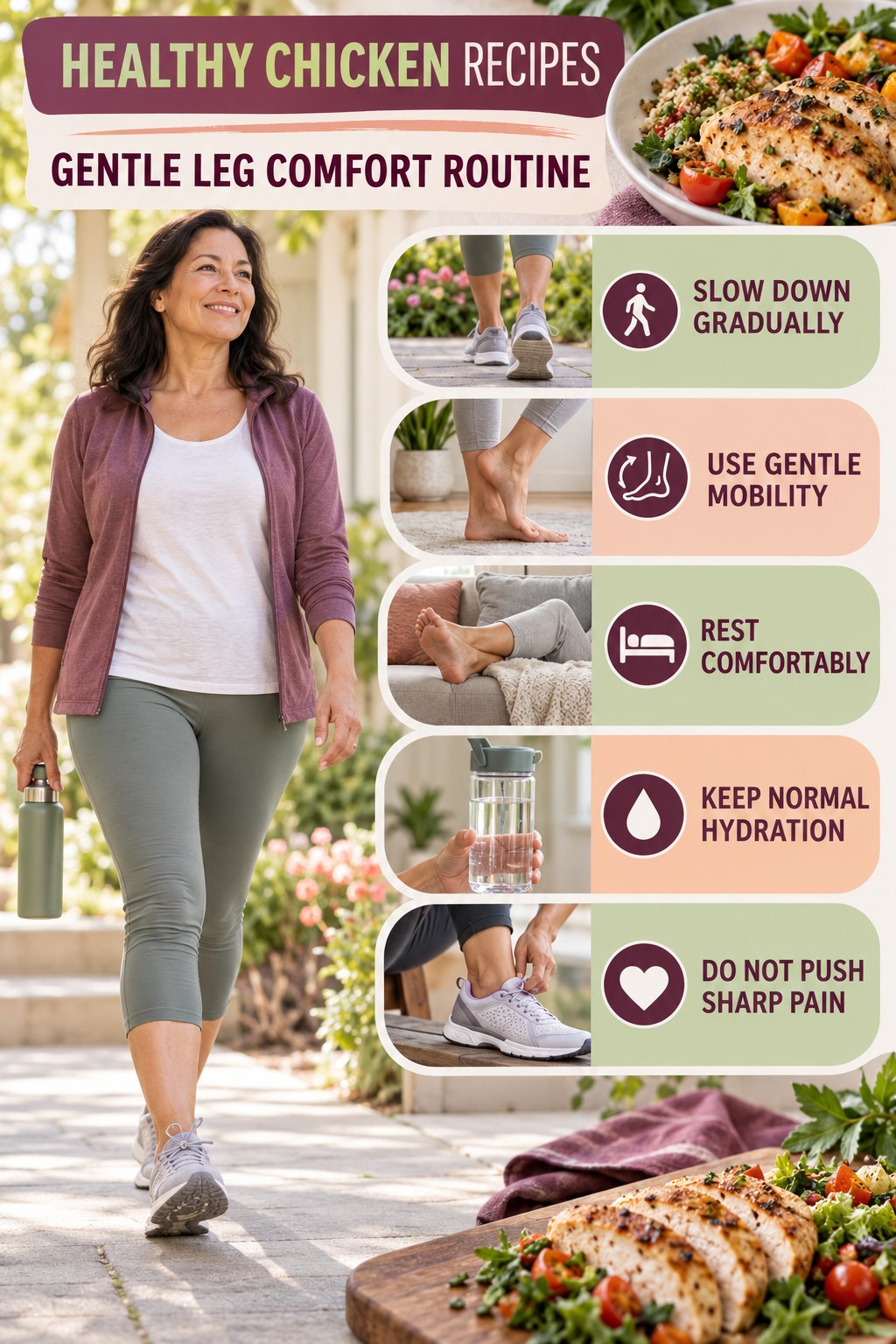 Post-Walk Recovery infographic for Healthy Chicken Recipes with five gentle movement, position, footwear, recovery, or safety actions.