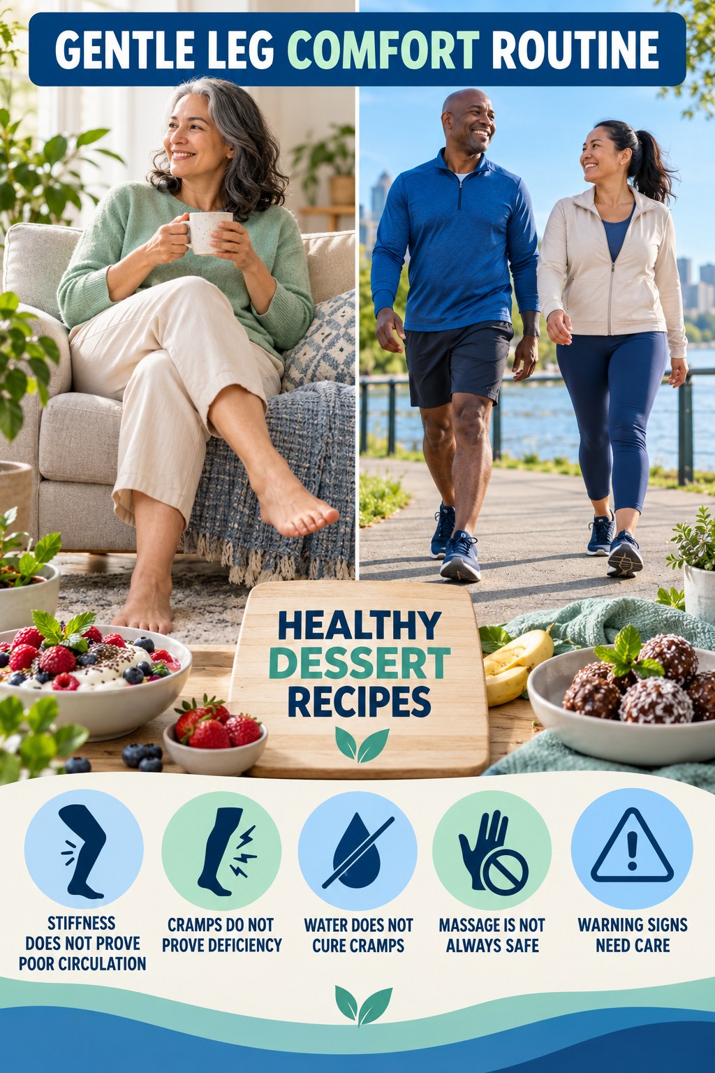 Leg Comfort Myths and Facts infographic for Healthy Dessert Recipes with five gentle movement, position, footwear, recovery, or safety actions.