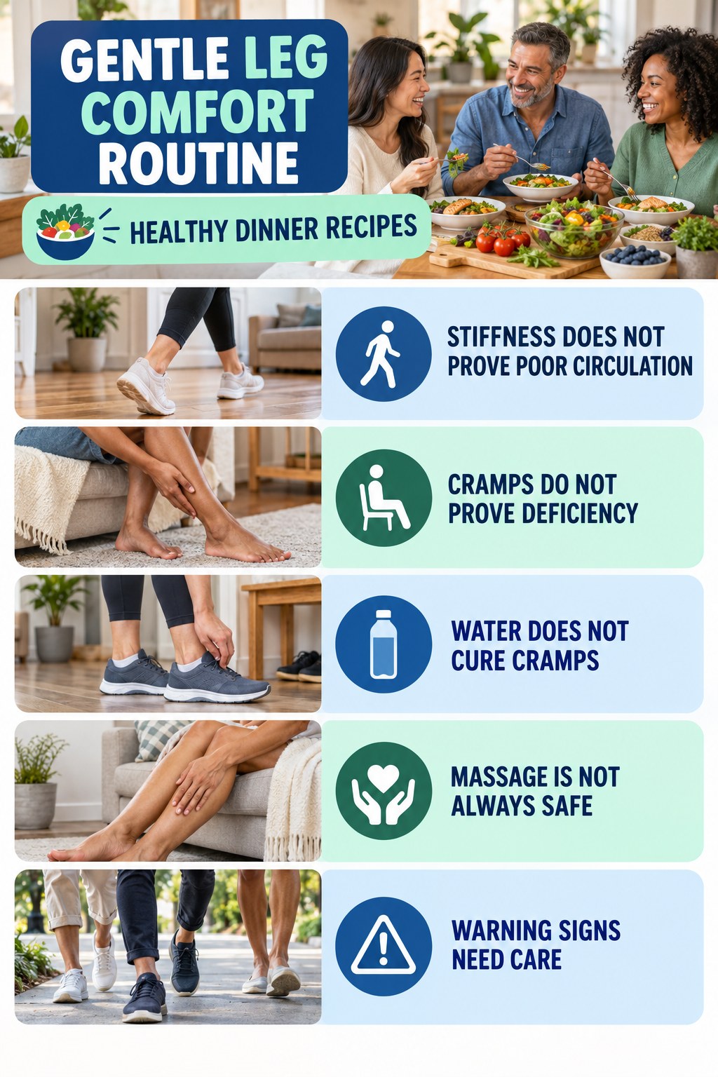 Leg Comfort Myths and Facts infographic for Healthy Dinner Recipes with five gentle movement, position, footwear, recovery, or safety actions.