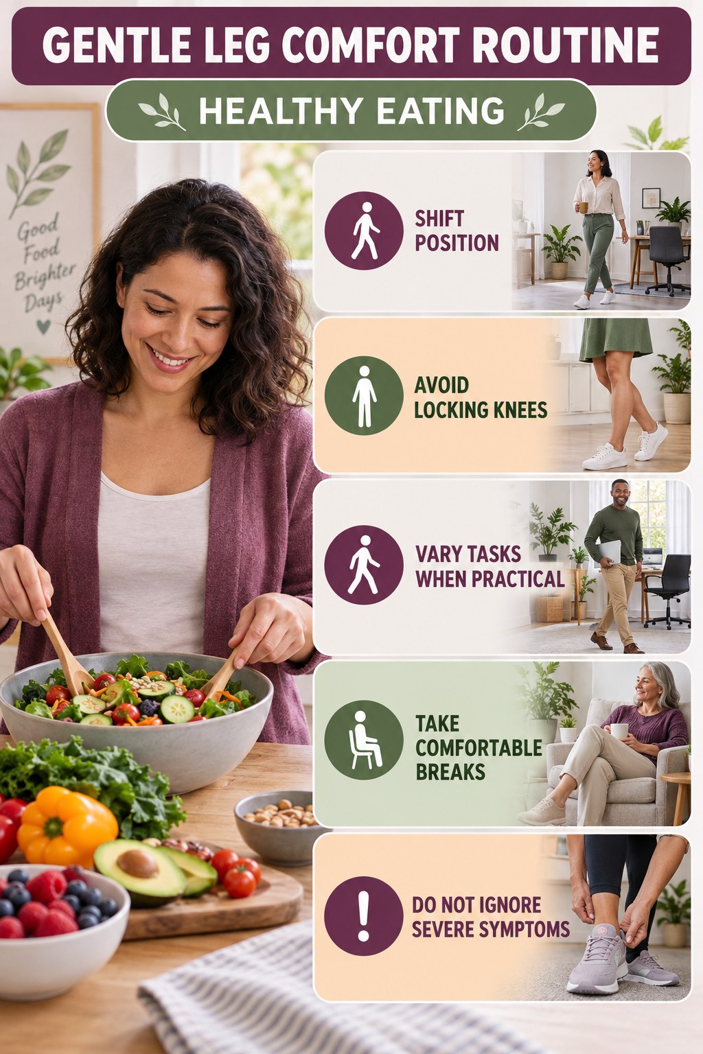 Standing-Work Comfort infographic for Healthy Eating with five gentle movement, position, footwear, recovery, or safety actions.