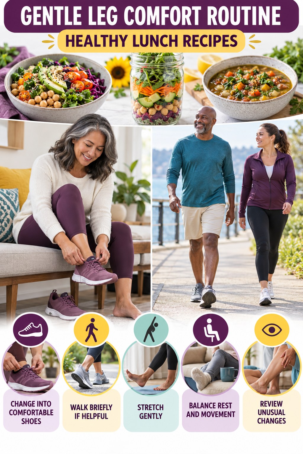 Evening Tired-Leg Routine infographic for Healthy Lunch Recipes with five gentle movement, position, footwear, recovery, or safety actions.