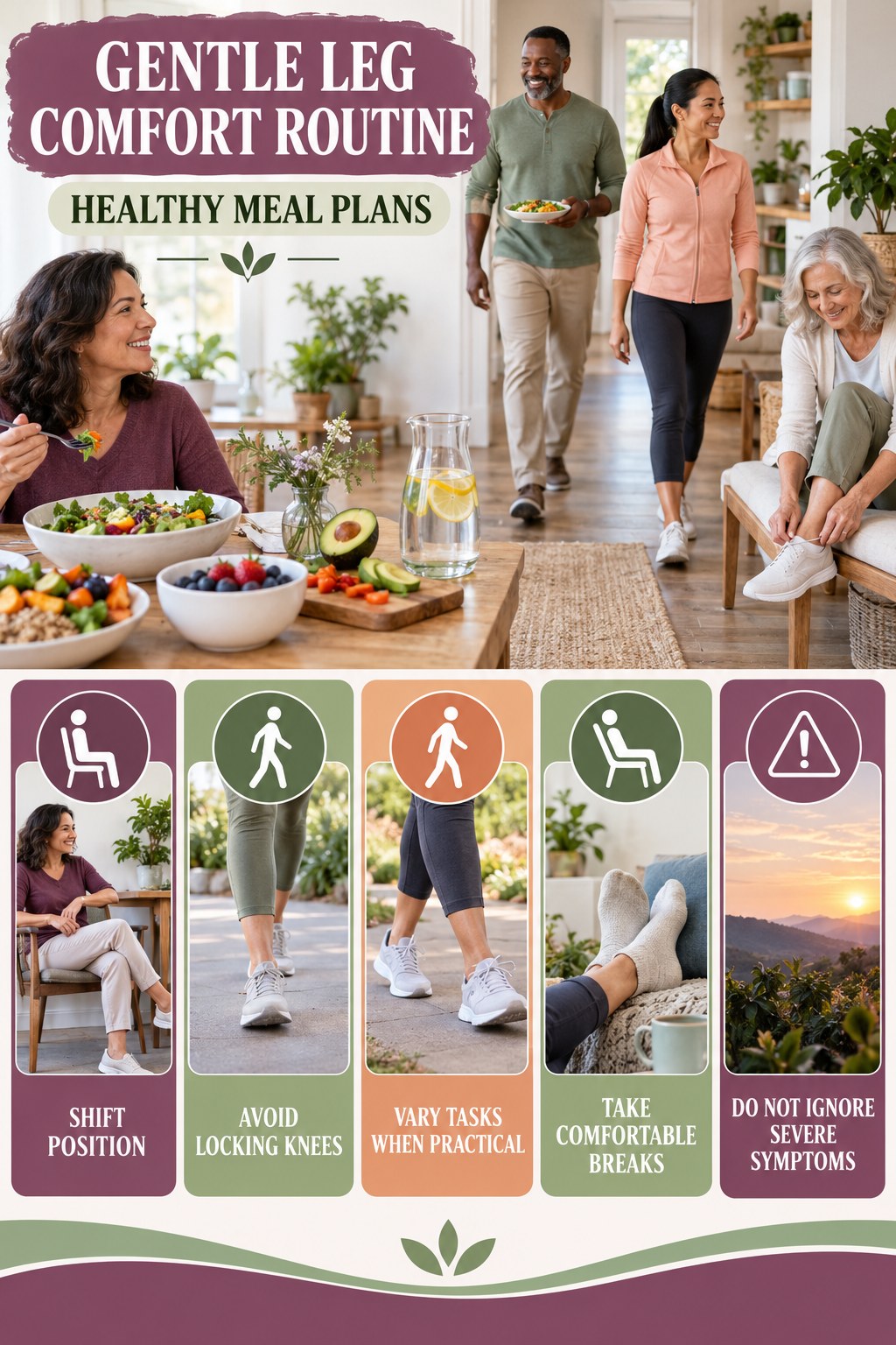Standing-Work Comfort infographic for Healthy Meal Plans with five gentle movement, position, footwear, recovery, or safety actions.