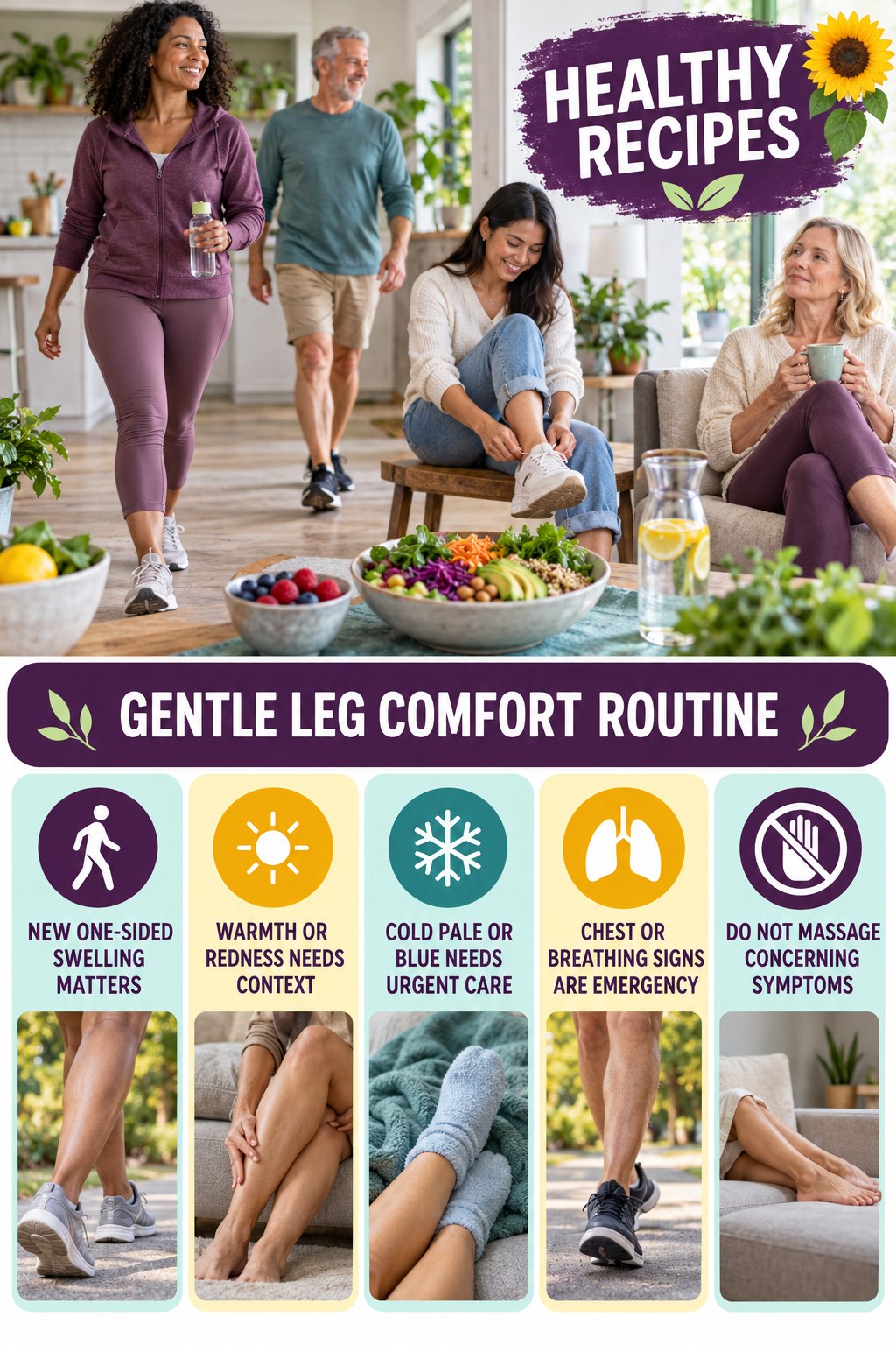 When Leg Symptoms Need More Care infographic for Healthy Recipes with five gentle movement, position, footwear, recovery, or safety actions.