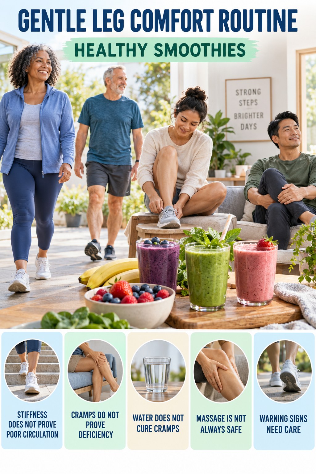 Leg Comfort Myths and Facts infographic for Healthy Smoothies with five gentle movement, position, footwear, recovery, or safety actions.