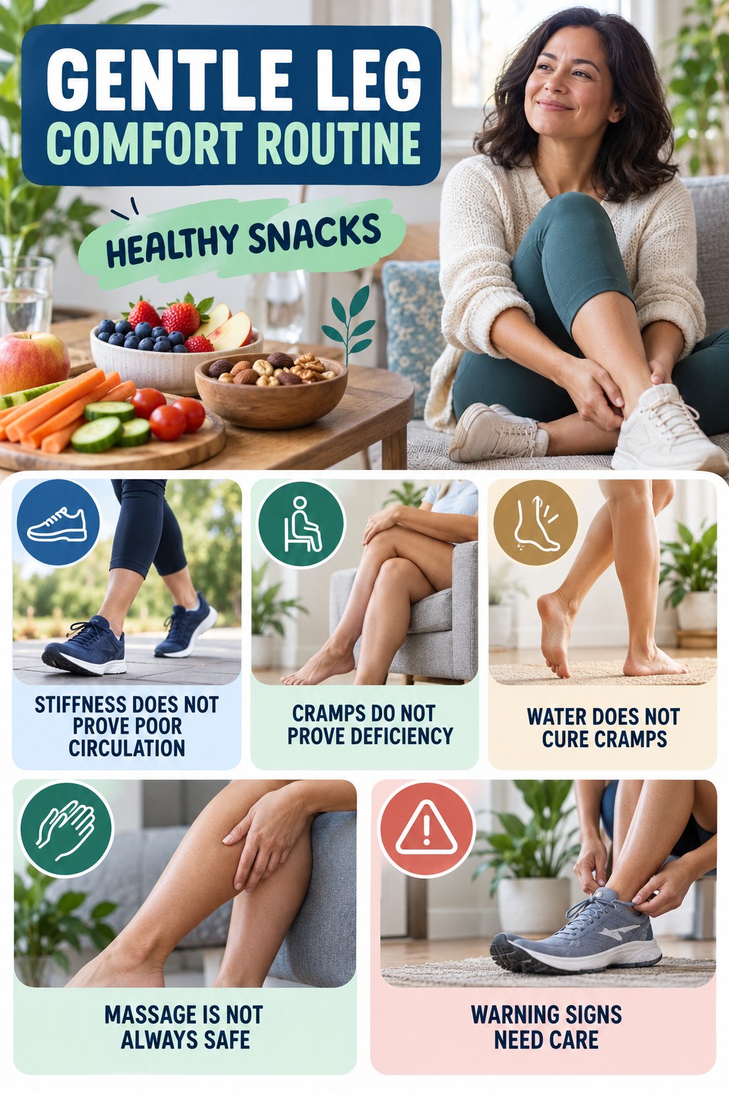 Leg Comfort Myths and Facts infographic for Healthy Snacks with five gentle movement, position, footwear, recovery, or safety actions.