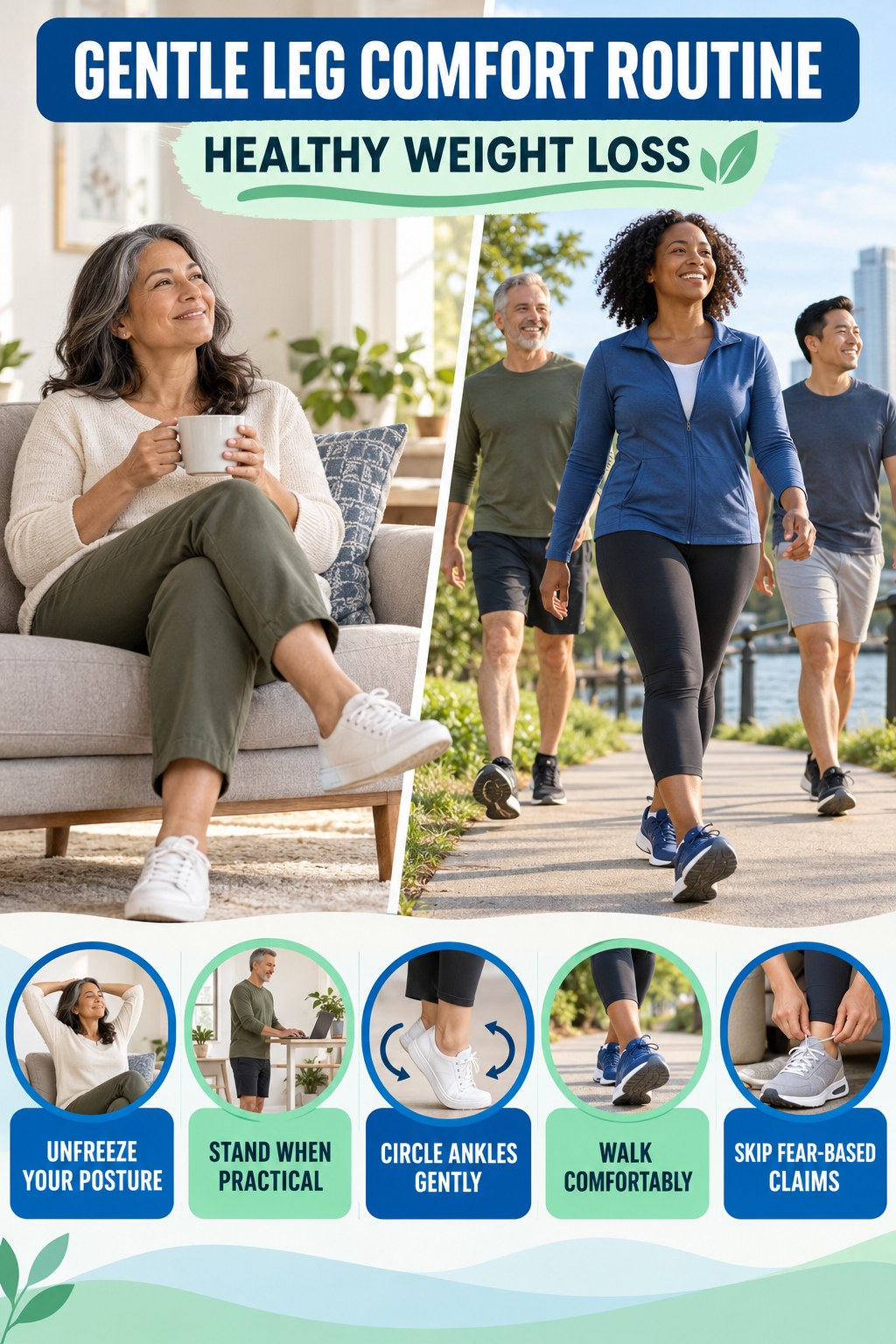 Desk-Day Leg Comfort infographic for Healthy Weight Loss with five gentle movement, position, footwear, recovery, or safety actions.