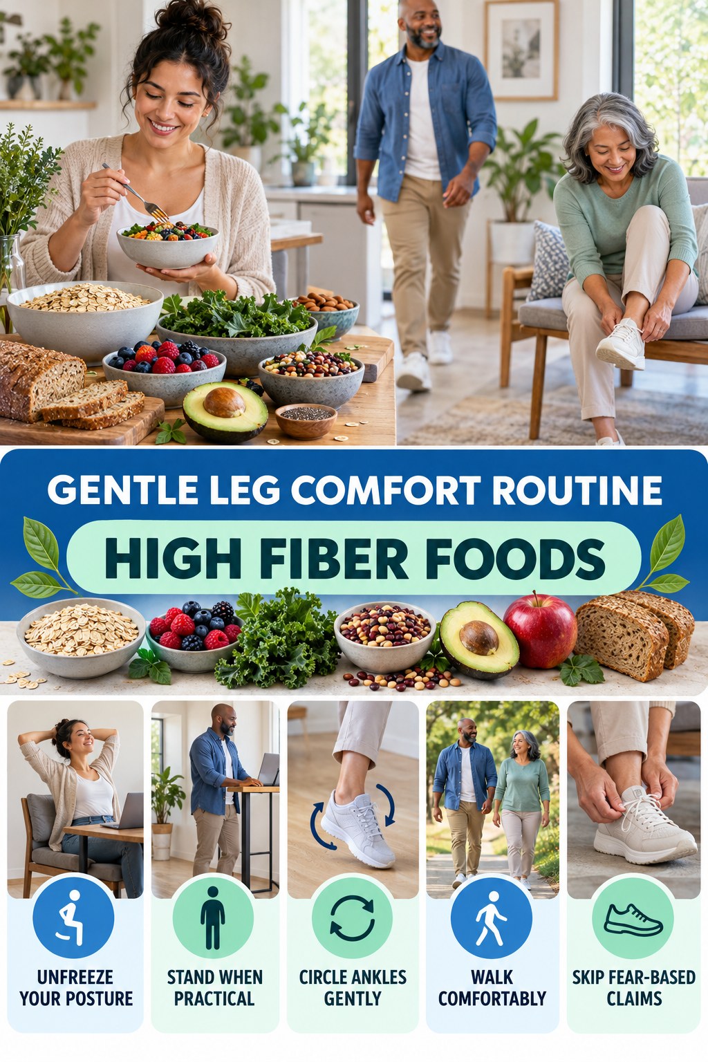 Desk-Day Leg Comfort infographic for High Fiber Foods with five gentle movement, position, footwear, recovery, or safety actions.