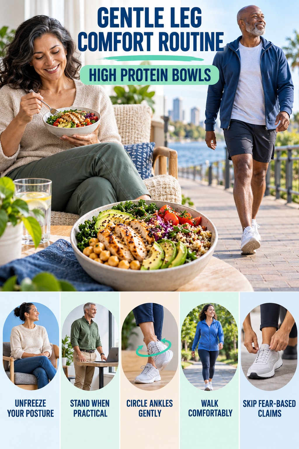 Desk-Day Leg Comfort infographic for High Protein Bowls with five gentle movement, position, footwear, recovery, or safety actions.