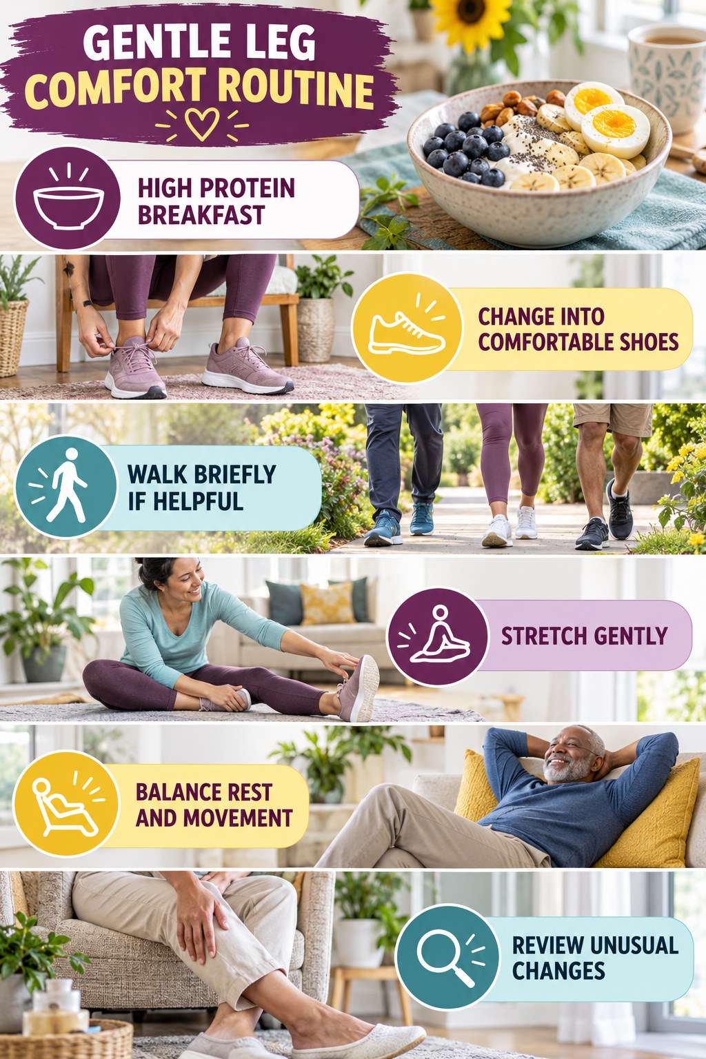Evening Tired-Leg Routine infographic for High Protein Breakfast with five gentle movement, position, footwear, recovery, or safety actions.