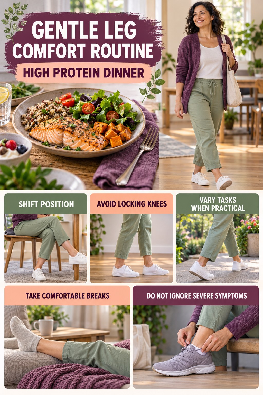 Standing-Work Comfort infographic for High Protein Dinner with five gentle movement, position, footwear, recovery, or safety actions.