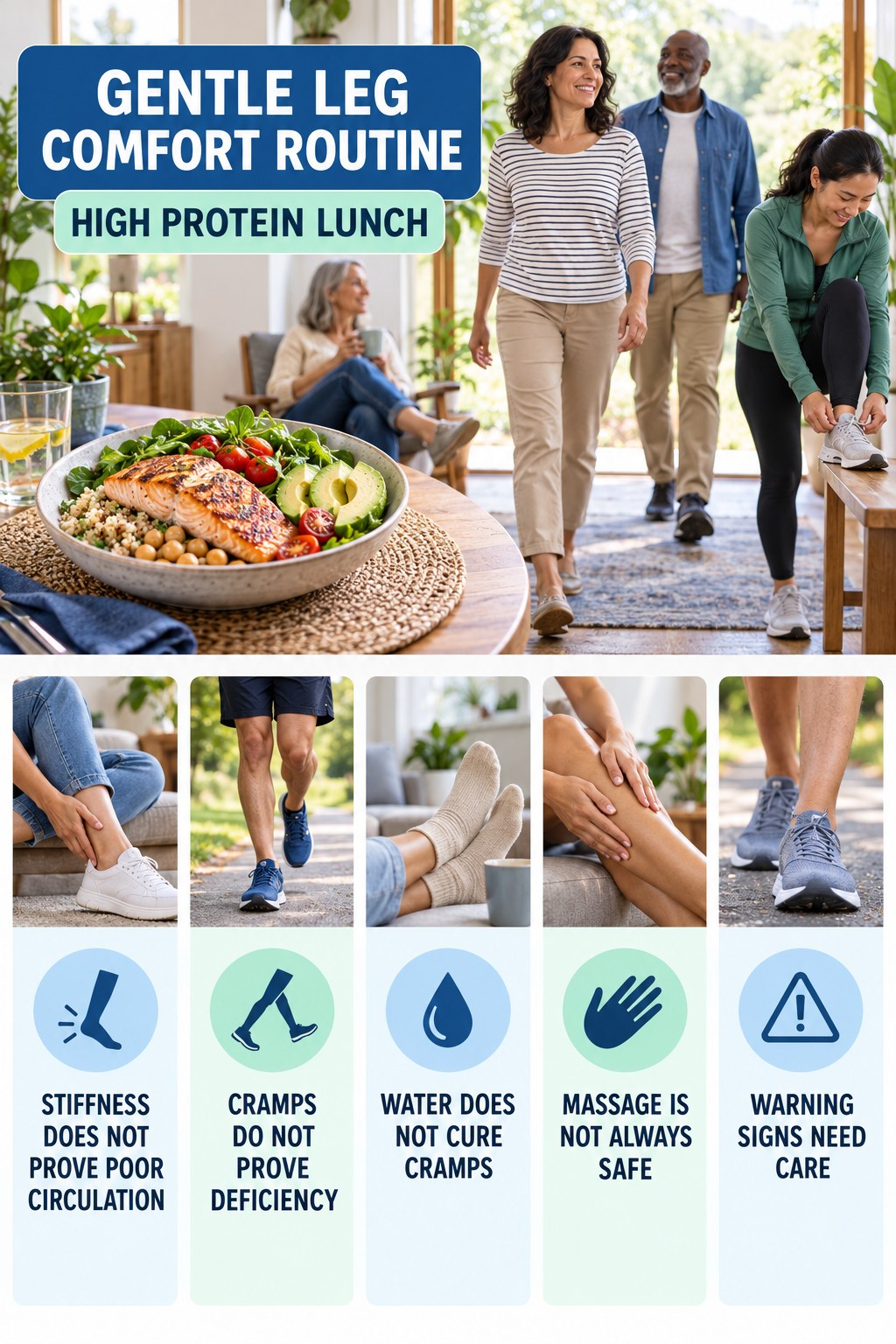 Leg Comfort Myths and Facts infographic for High Protein Lunch with five gentle movement, position, footwear, recovery, or safety actions.