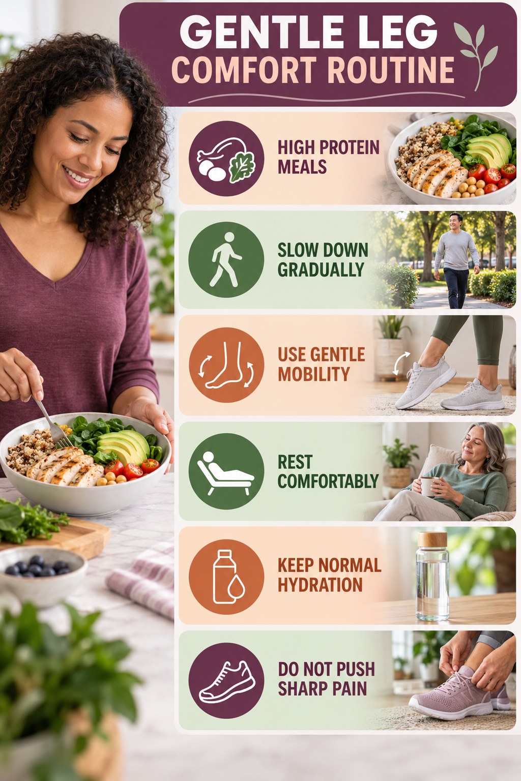 Post-Walk Recovery infographic for High Protein Meals with five gentle movement, position, footwear, recovery, or safety actions.