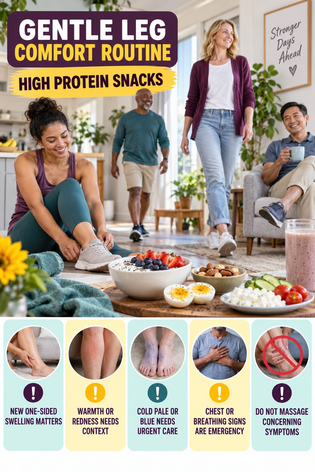 When Leg Symptoms Need More Care infographic for High Protein Snacks with five gentle movement, position, footwear, recovery, or safety actions.