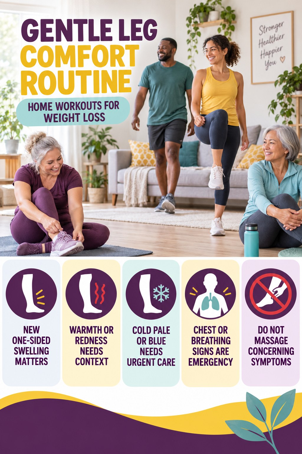 When Leg Symptoms Need More Care infographic for Home Workouts for Weight Loss with five gentle movement, position, footwear, recovery, or safety actions.