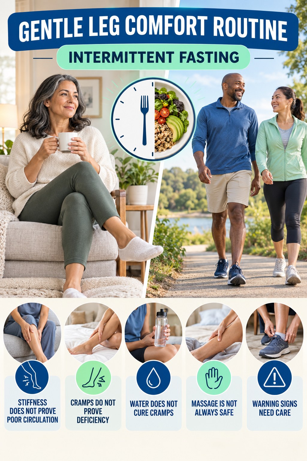 Leg Comfort Myths and Facts infographic for Intermittent Fasting with five gentle movement, position, footwear, recovery, or safety actions.