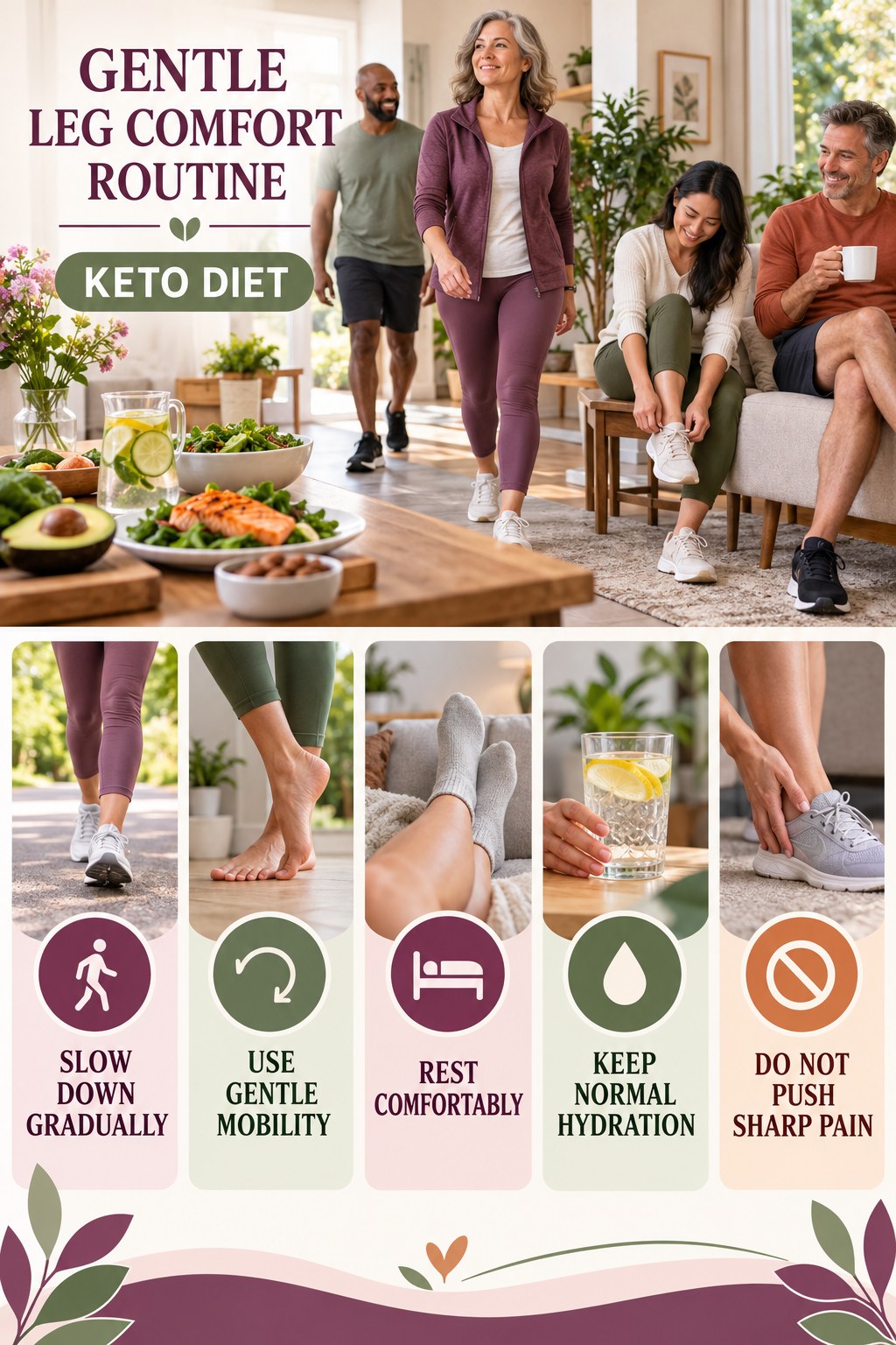Post-Walk Recovery infographic for Keto Diet with five gentle movement, position, footwear, recovery, or safety actions.