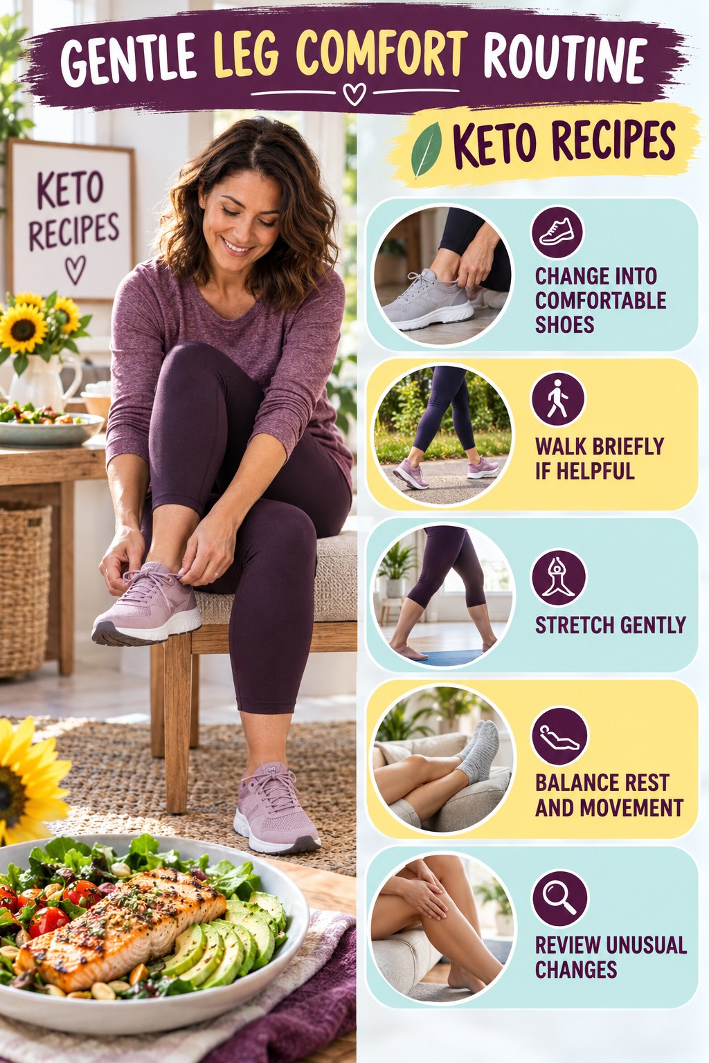Evening Tired-Leg Routine infographic for Keto Recipes with five gentle movement, position, footwear, recovery, or safety actions.