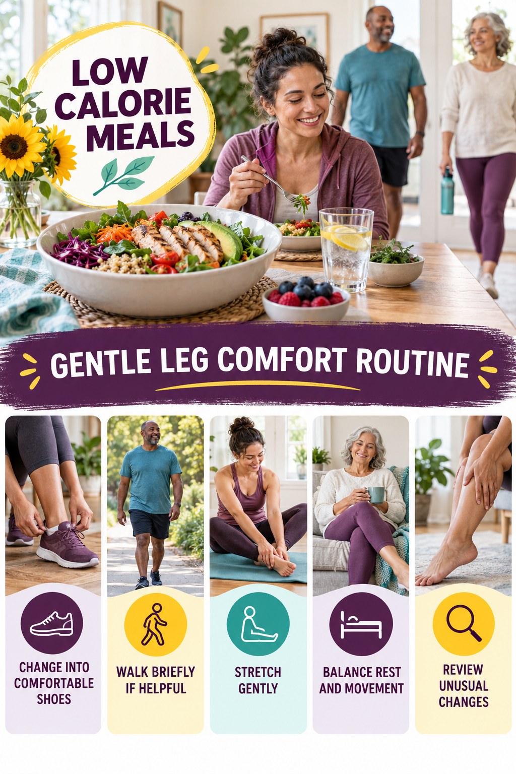 Evening Tired-Leg Routine infographic for Low Calorie Meals with five gentle movement, position, footwear, recovery, or safety actions.