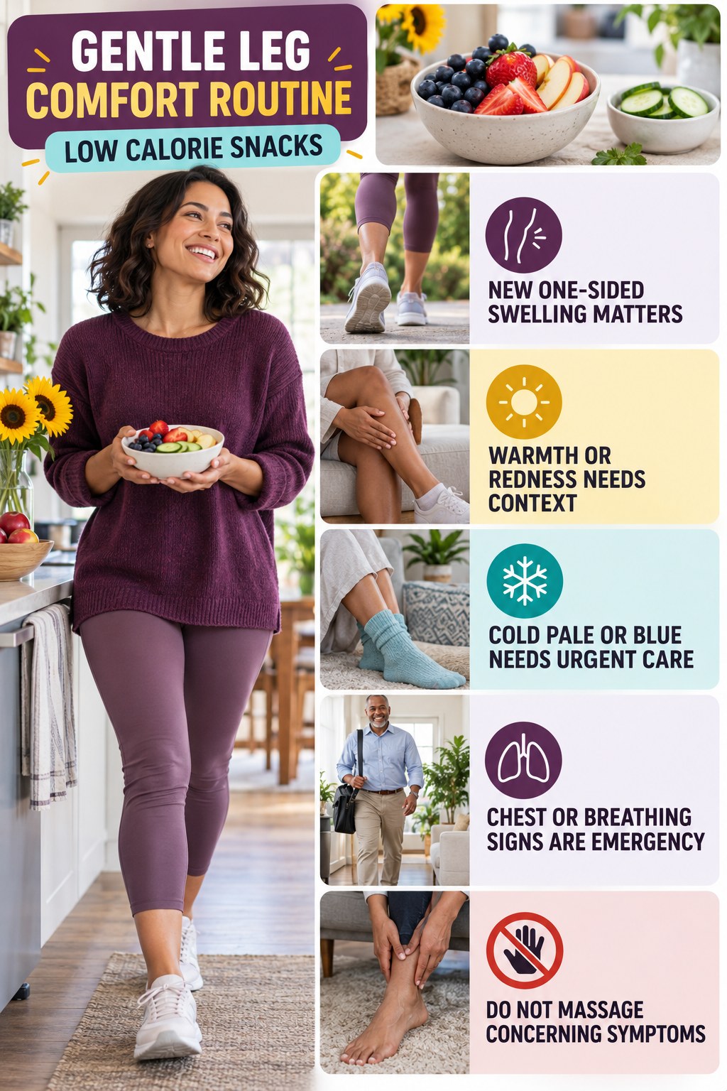 When Leg Symptoms Need More Care infographic for Low Calorie Snacks with five gentle movement, position, footwear, recovery, or safety actions.