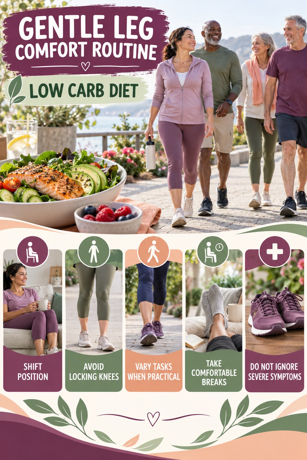 Standing-Work Comfort infographic for Low Carb Diet with five gentle movement, position, footwear, recovery, or safety actions.