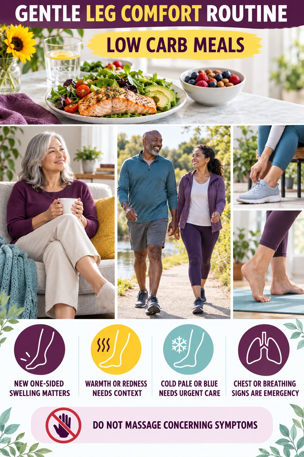 When Leg Symptoms Need More Care infographic for Low Carb Meals with five gentle movement, position, footwear, recovery, or safety actions.