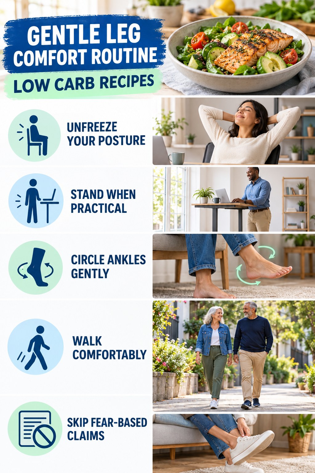 Desk-Day Leg Comfort infographic for Low Carb Recipes with five gentle movement, position, footwear, recovery, or safety actions.