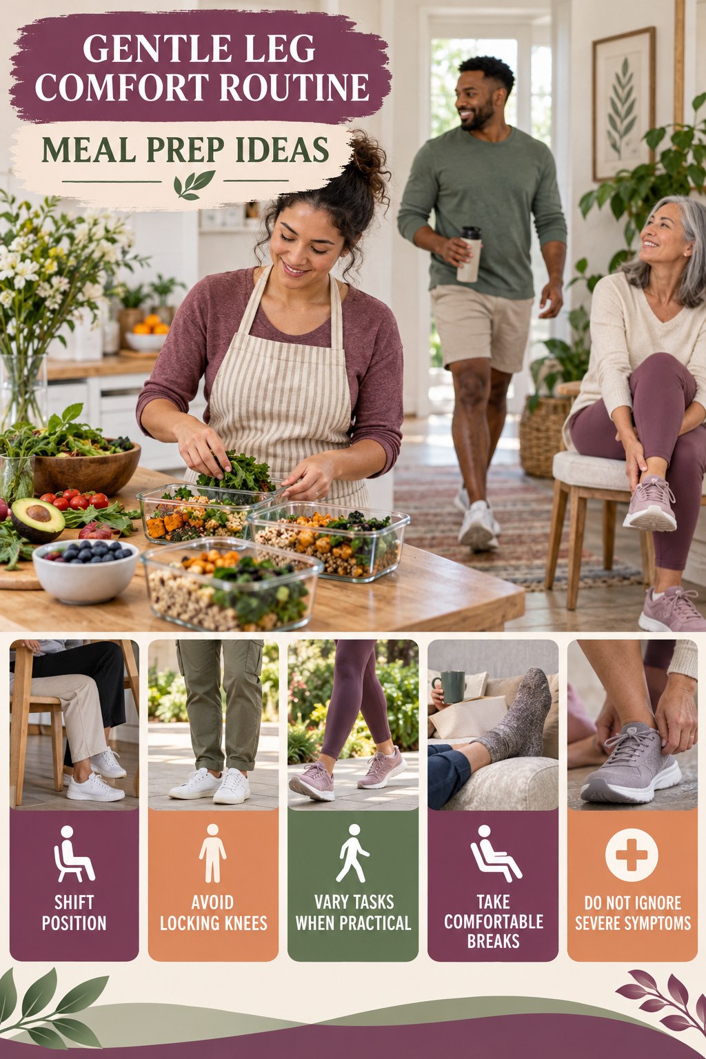 Standing-Work Comfort infographic for Meal Prep Ideas with five gentle movement, position, footwear, recovery, or safety actions.