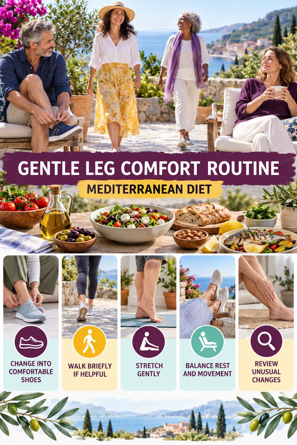 Evening Tired-Leg Routine infographic for Mediterranean Diet with five gentle movement, position, footwear, recovery, or safety actions.