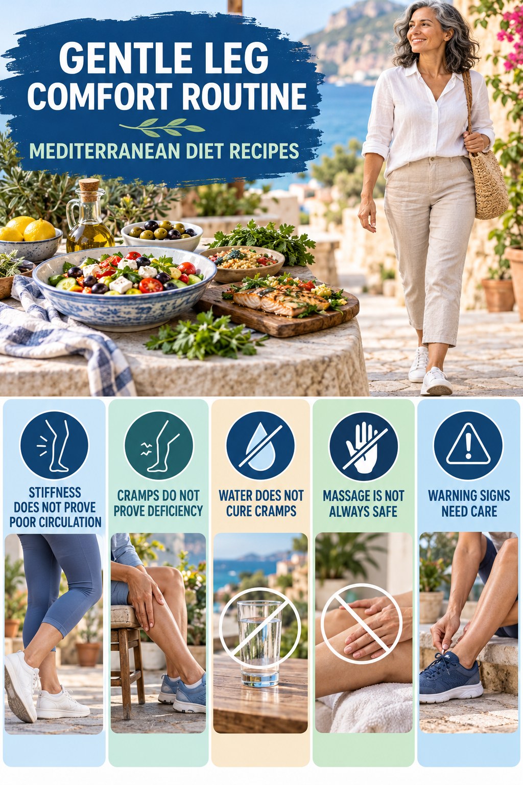 Leg Comfort Myths and Facts infographic for Mediterranean Diet Recipes with five gentle movement, position, footwear, recovery, or safety actions.