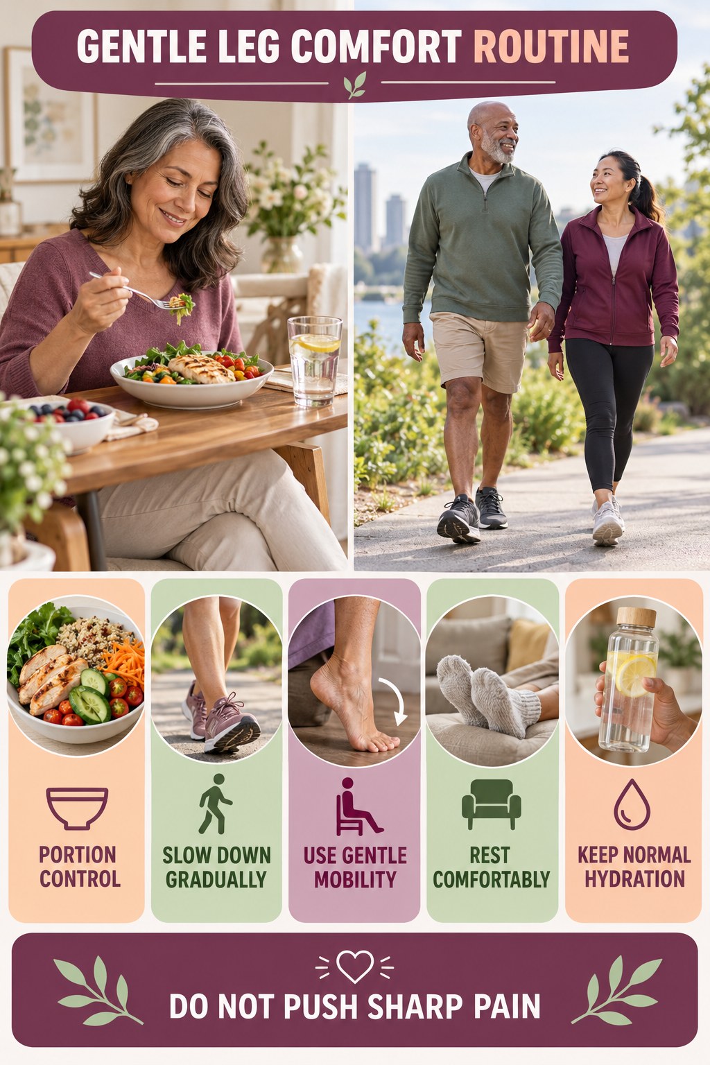 Post-Walk Recovery infographic for Portion Control with five gentle movement, position, footwear, recovery, or safety actions.