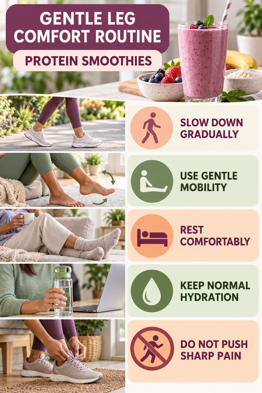 Post-Walk Recovery infographic for Protein Smoothies with five gentle movement, position, footwear, recovery, or safety actions.