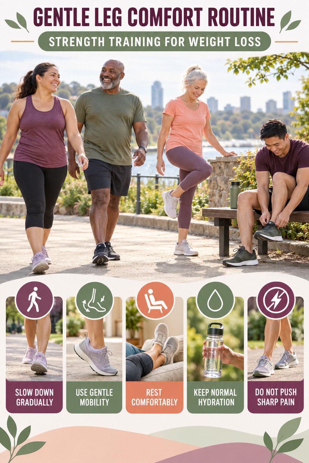 Post-Walk Recovery infographic for Strength Training for Weight Loss with five gentle movement, position, footwear, recovery, or safety actions.