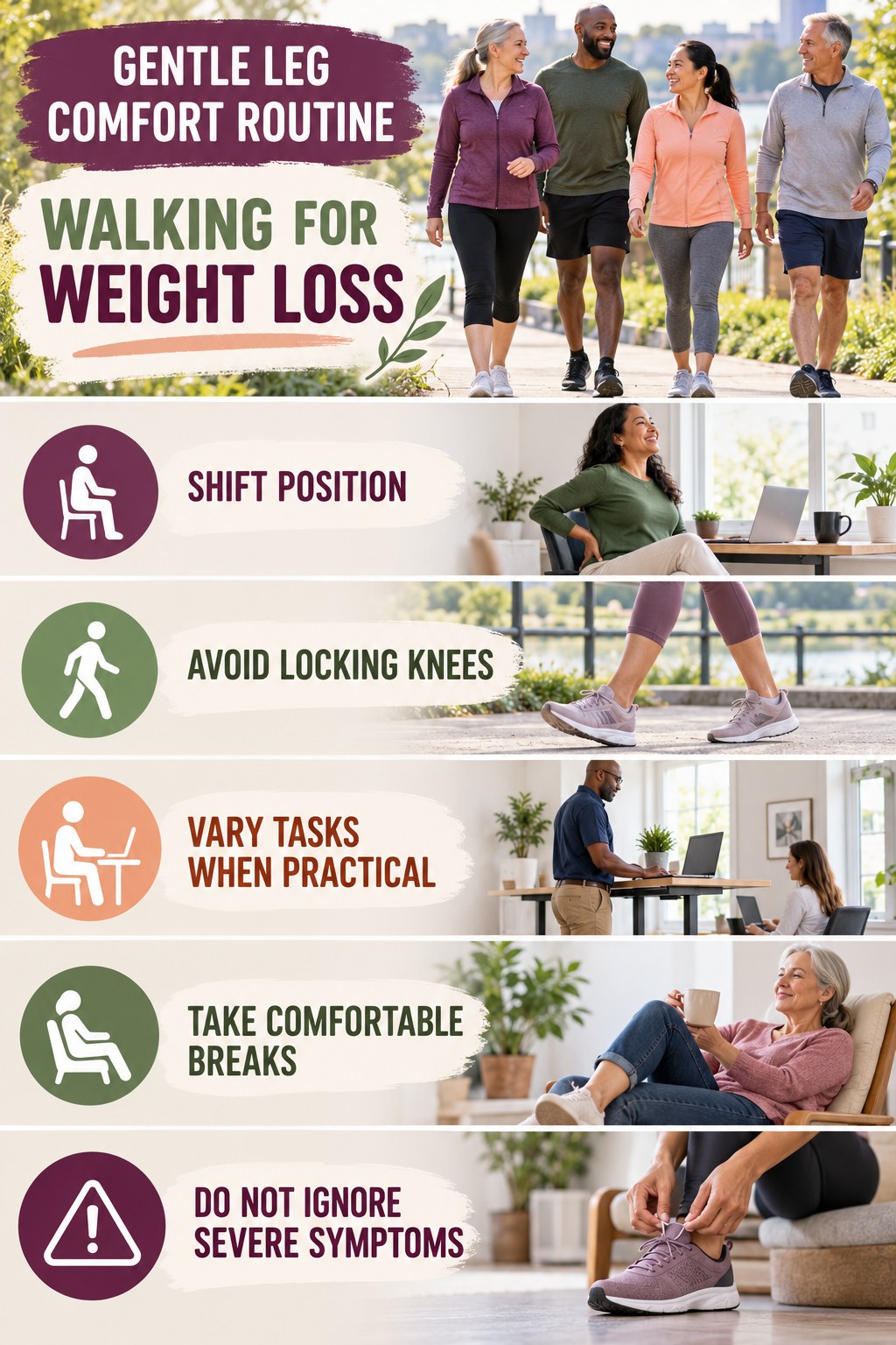 Standing-Work Comfort infographic for Walking for Weight Loss with five gentle movement, position, footwear, recovery, or safety actions.